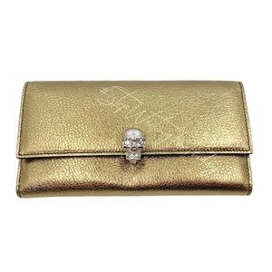 Alexander McQueen Gold Leather Flap Skull Wallet - 7.5”L x 3.75”H x 1.25”D